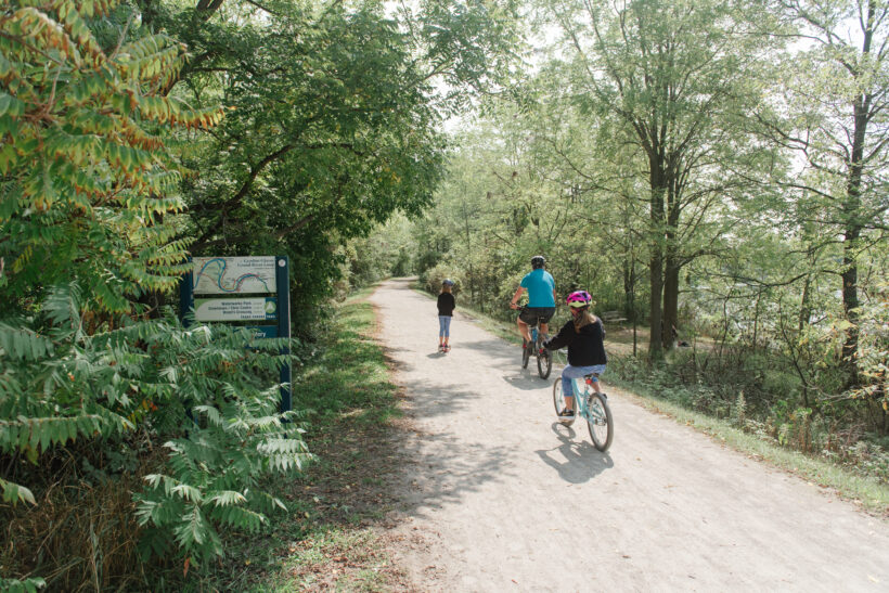 People cycling along one of Brantford’s many trails